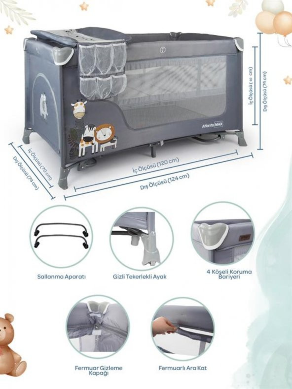 Prego Atlanta Oyun Parkı 70*120 Cm Gri + Yatak Hediyeli - 6