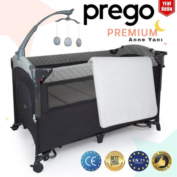 Prego Premium Anne Yanı Dönenceli Oyun Parkı 70*120 Cm Gri + Yatak Hediyeli
