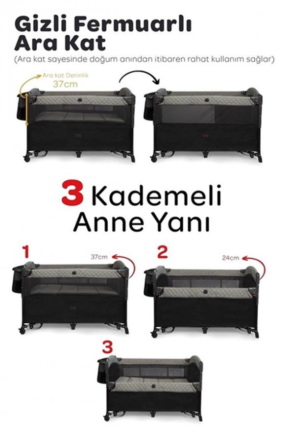 Prego Premium Anne Yanı Dönenceli Oyun Parkı 70*120 Cm Gri + Yatak Hediyeli - 6