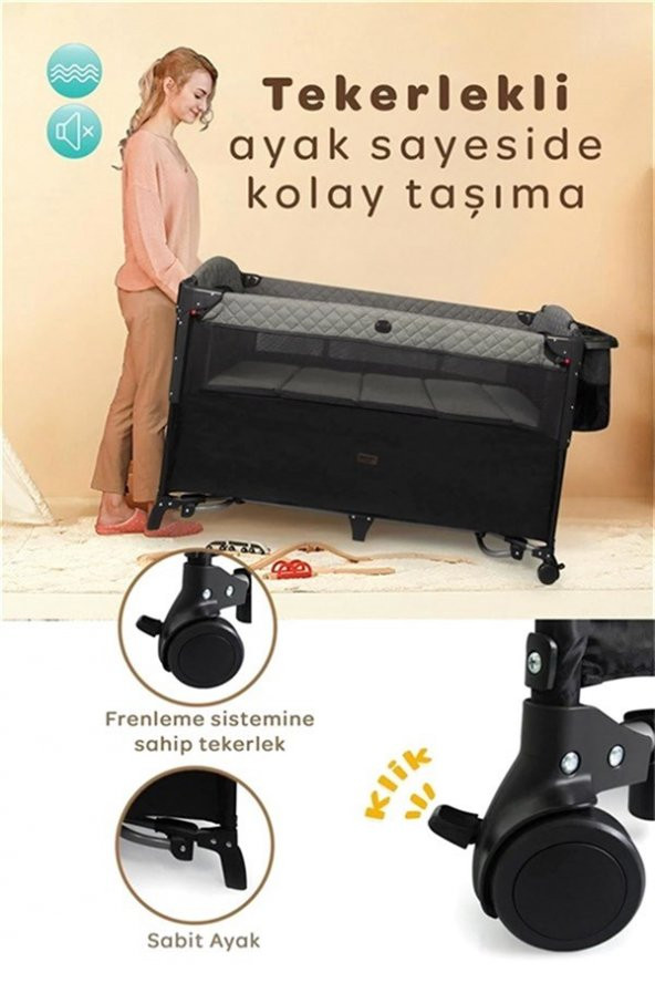 Prego Premium Anne Yanı Dönenceli Oyun Parkı 70*120 Cm Gri + Yatak Hediyeli - 8