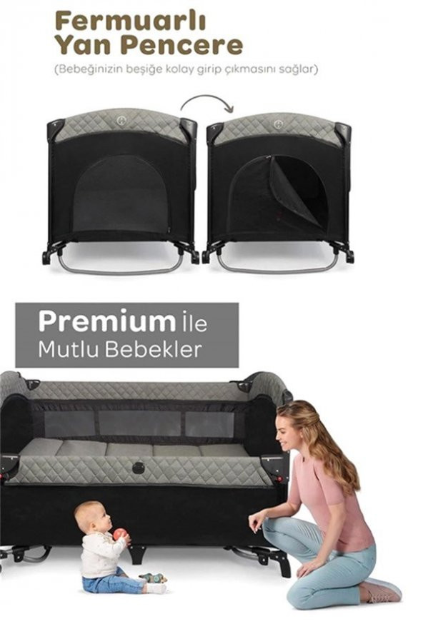 Prego Premium Anne Yanı Dönenceli Oyun Parkı 70*120 Cm Gri + Yatak Hediyeli - 9