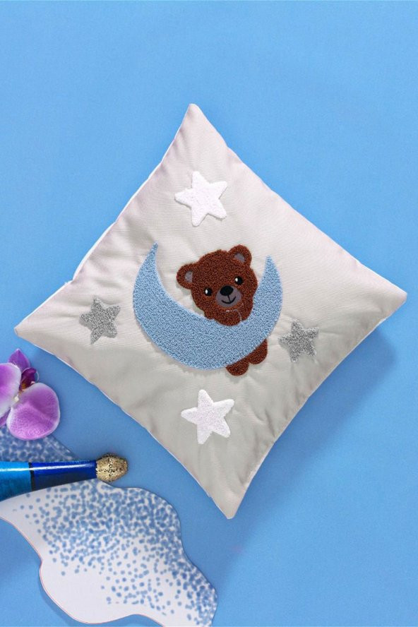 Ottoson İç Dolgulu Punch İşlemeli Bebek Kırlent 35x35 cm - Koyu Krem Mavi
