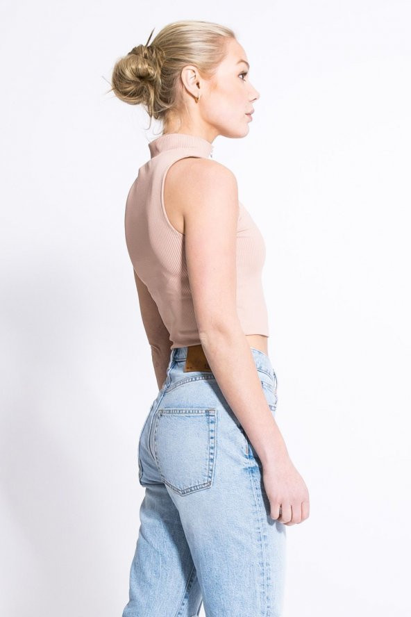 Kadın Bej Crop Top Fitilli Polo Yaka Fermuarlı Bluz - 2