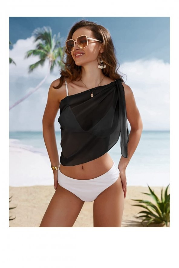 Siyah Pareo Kadın Plaj Elbisesi Bikini Mayo Üstü