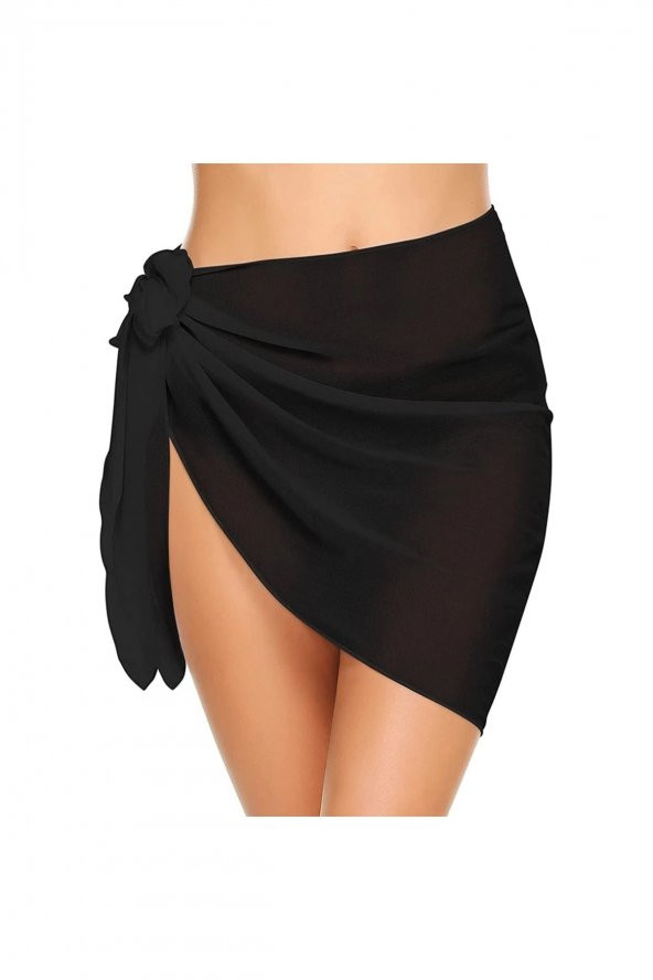 Kadın Siyah Transparan Belden Bağlamalı Kısa Pareo