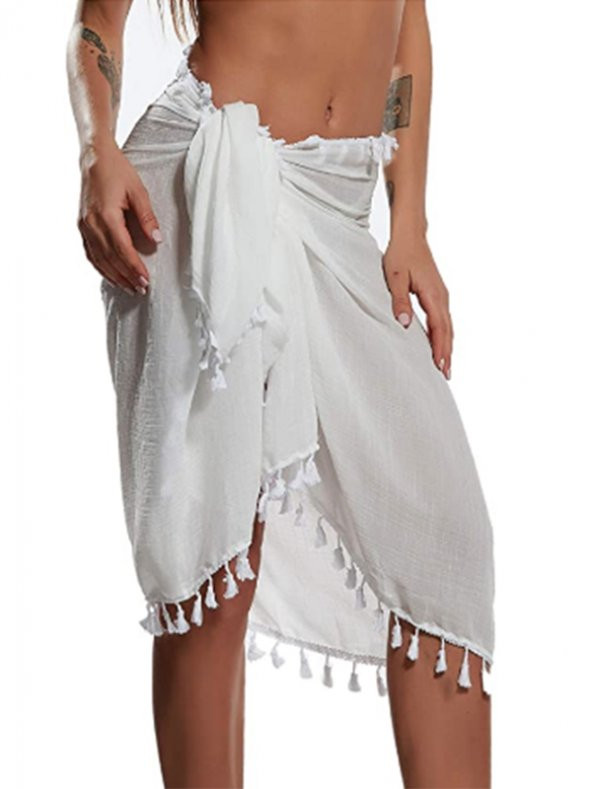 Beyaz Pareo Püsküllü Kadın Plaj Elbisesi Yeni Sezon