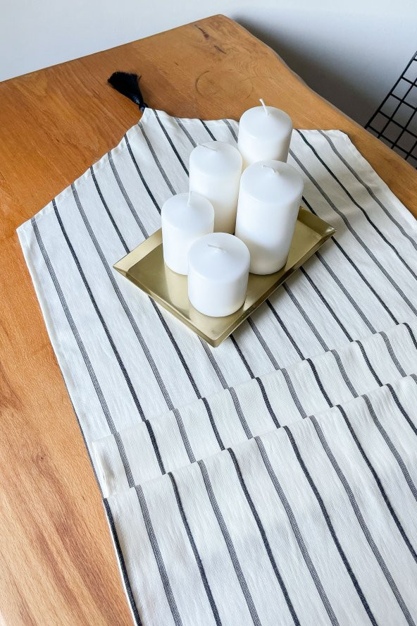 Çizgili Keten Püsküllü Dekoratif Runner 50x150 cm - 2