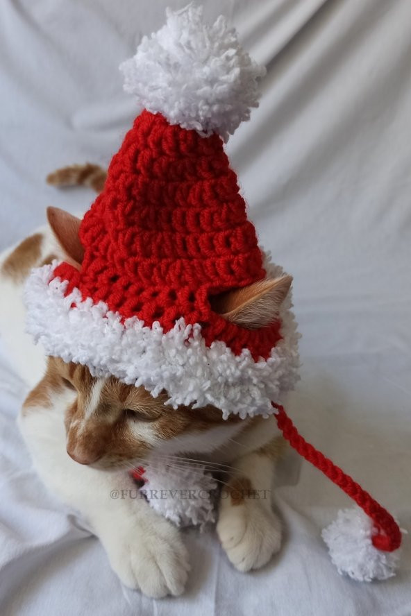 Ponponlu Yeni Yıl Kedi Köpek Şapkası Yılbaşı Noel Kırmızı Örgü Bere Pet Aksesuarları - 3