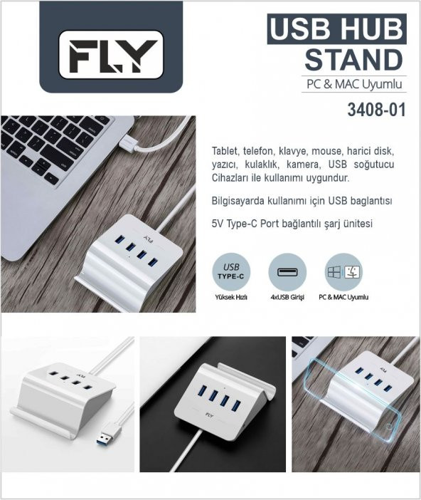 FLY-3408-01 TYPE-C UÇLU 4LÜ USB ŞARJ STANDI,PC-MA