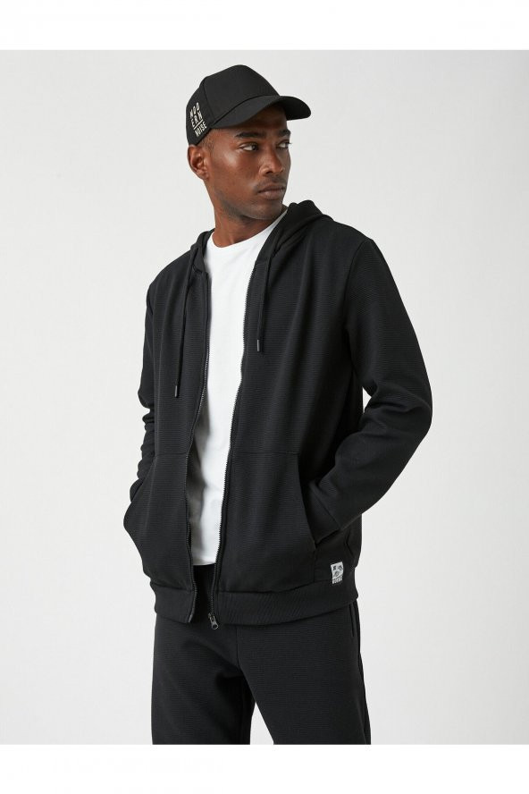 Dokulu Kapşonlu Fermuarlı Sweatshirt - Resim 2