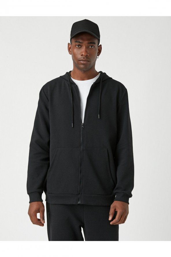 Dokulu Kapşonlu Fermuarlı Sweatshirt - Resim 3