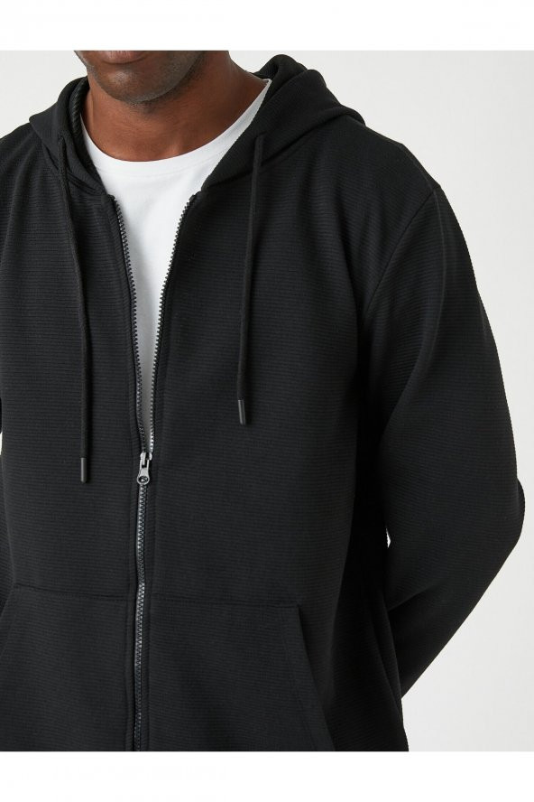 Dokulu Kapşonlu Fermuarlı Sweatshirt - Resim 5