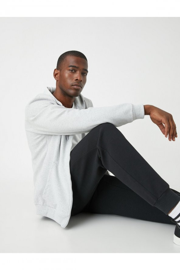 Dokulu Kapşonlu Fermuarlı Sweatshirt - Resim 7