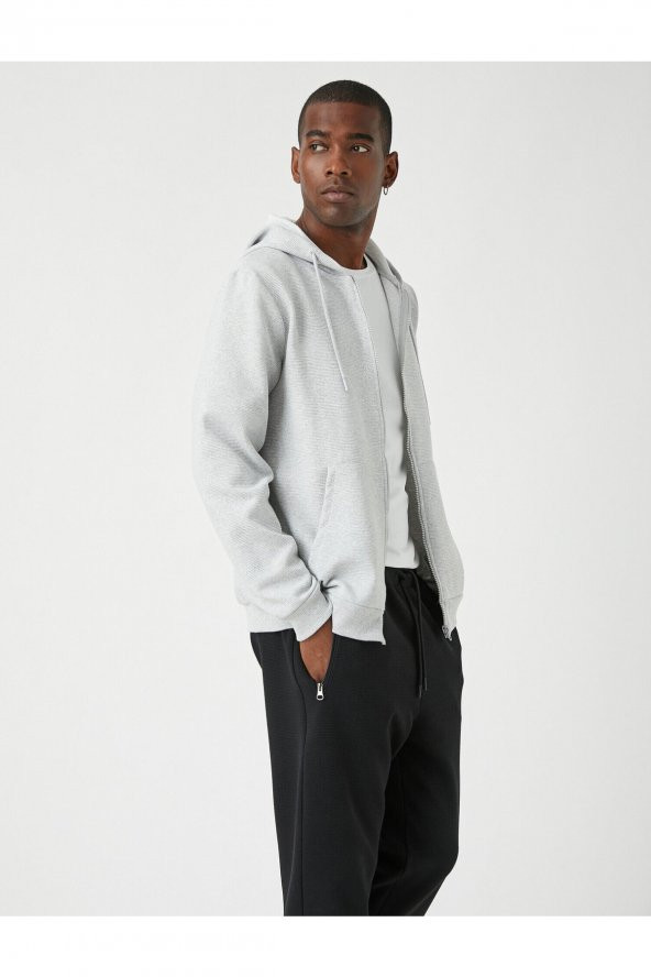 Dokulu Kapşonlu Fermuarlı Sweatshirt - Resim 8