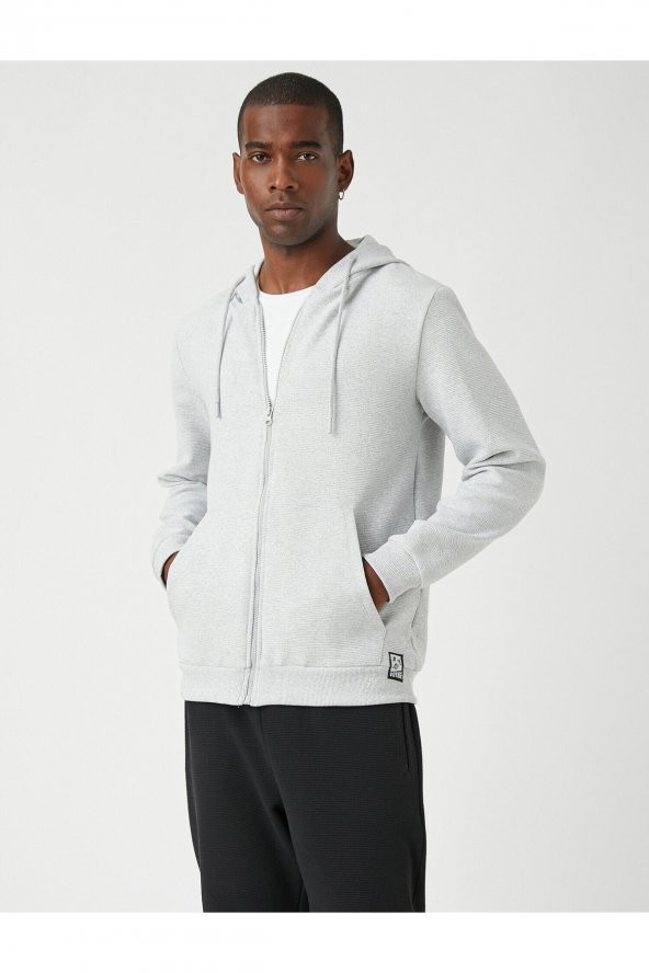 Dokulu Kapşonlu Fermuarlı Sweatshirt - Resim 9