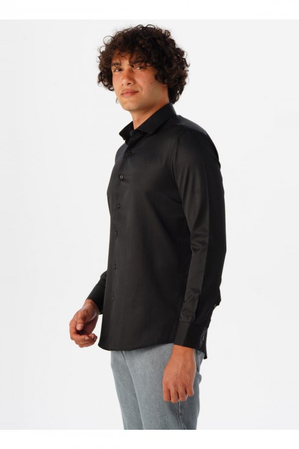 Klasik Yaka Armürlü Siyah Erkek Gömlek Gm2024700340 - 2