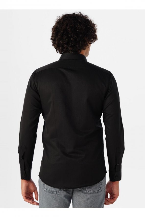 Klasik Yaka Armürlü Siyah Erkek Gömlek Gm2024700340 - 3