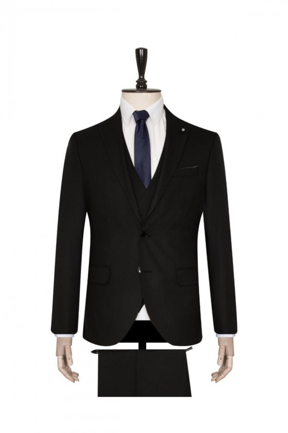 Yelekli Siyah Slim Fit Takım Elbise - 2