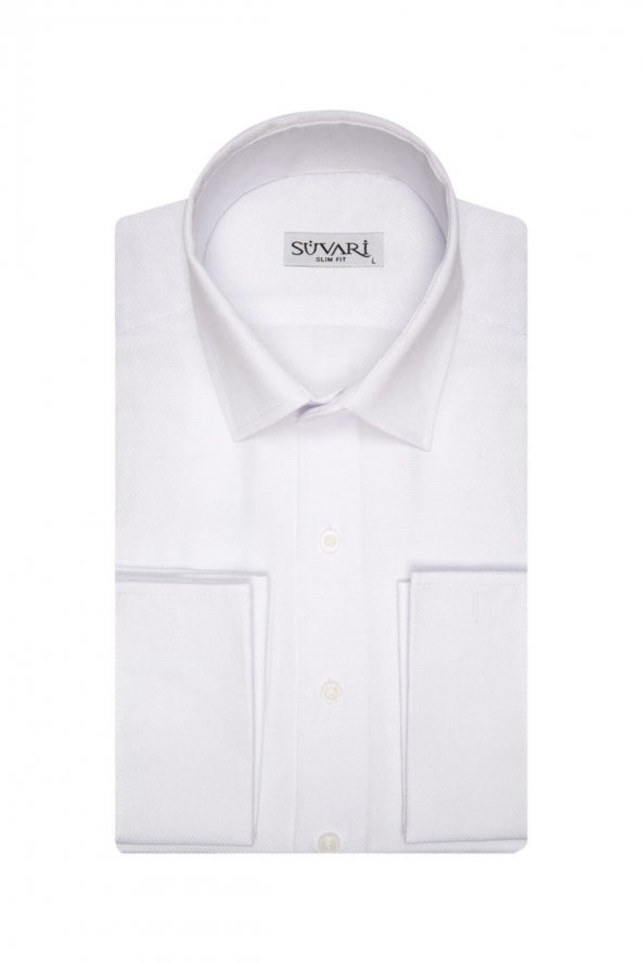 Erkek Beyaz Slim Fit Armür Desenli Manşetli Gömlek ürün görseli 1