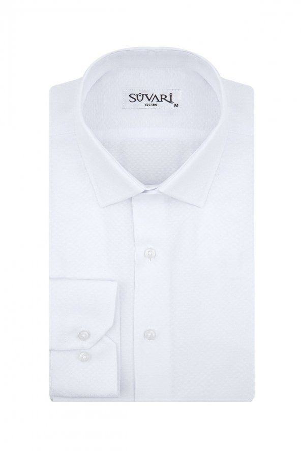 Slim Fit Armür Desenli Beyaz Erkek Gömlek - 1