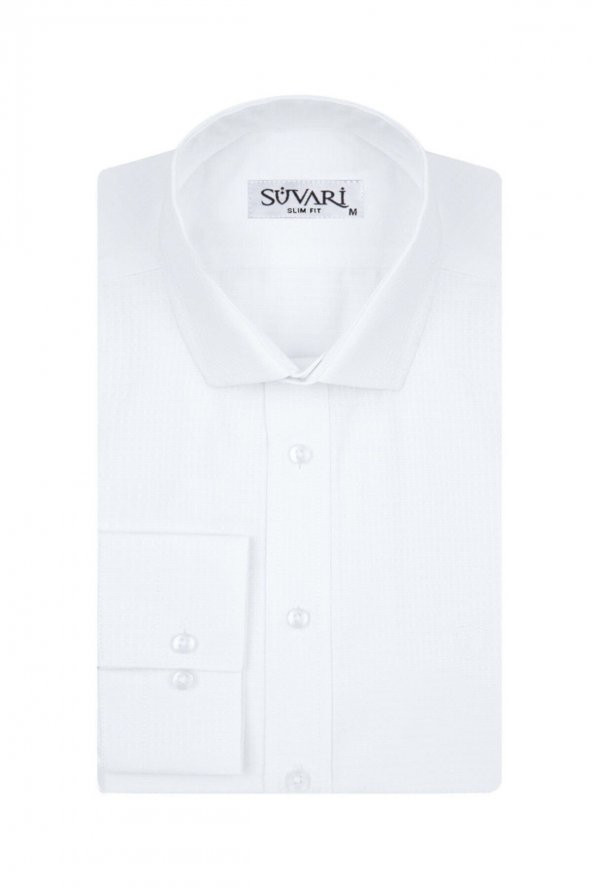 Slim Fit Armür Desenli Beyaz Erkek Gömlek