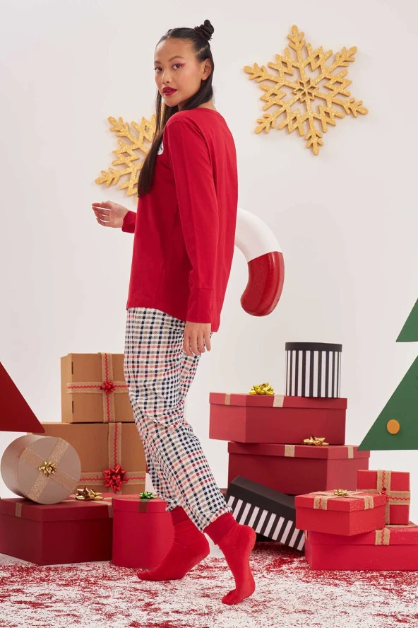 Kırmızı Kaşkorse Düğmeli Pijama Takımı - Resim 2