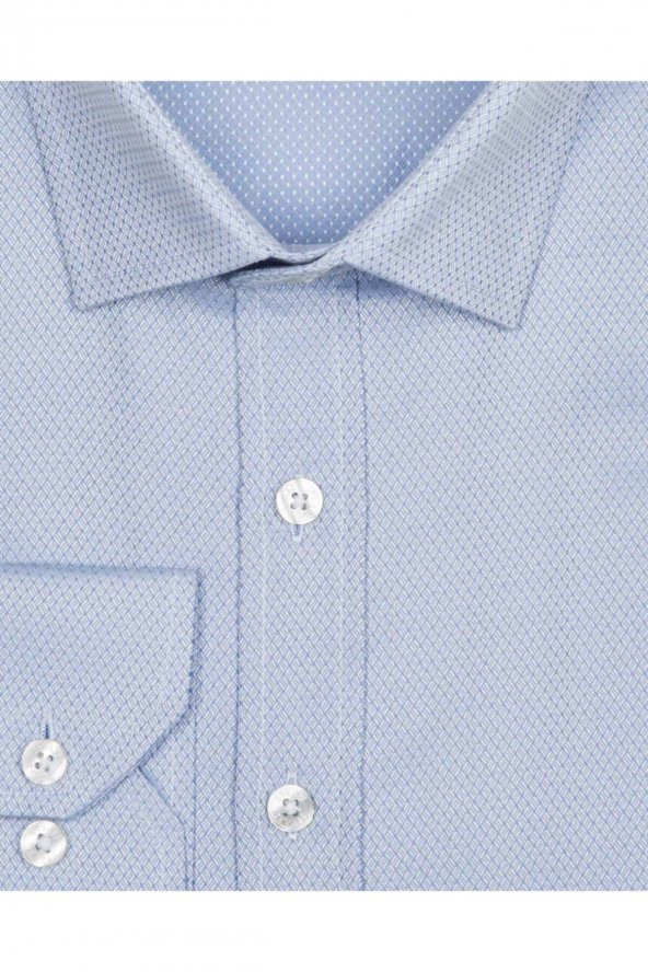 Slim Fit Armür Desenli Mavi Erkek Gömlek - 3
