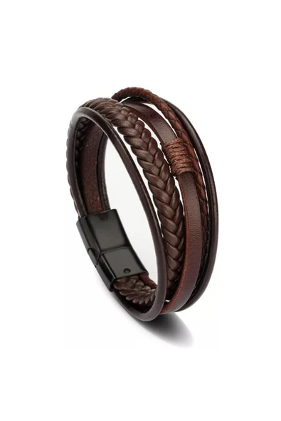 Hakiki Erkek Deri Bileklik Kahverengi Manyetik Toka Örgülü Trend Moda 1313 - Resim 2