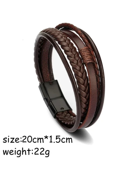 Erkek Hakiki Deri Bileklik Kahverengi Renk Manyetik Toka Örgülü Bileklik - Resim 6