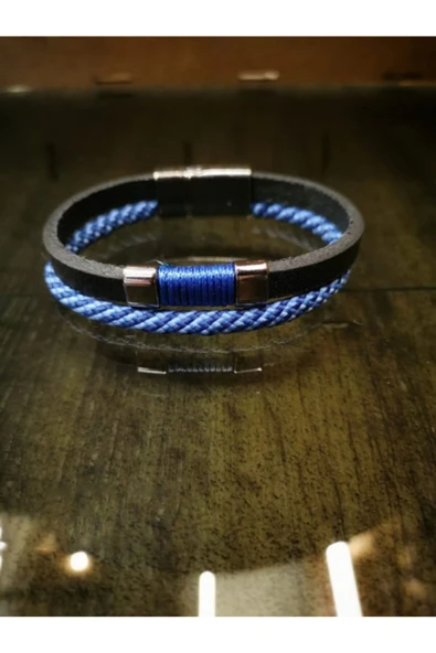 Erkek Deri Bileklik Paslanmaz Çelik Metal Bilezik Siyah Mavi Erkek Takı Mıknatıs Toka - 2