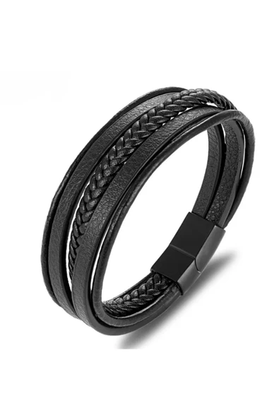 Erkek Deri Bileklik Siyah Manyetik Toka Örgülü Bileklik - 2