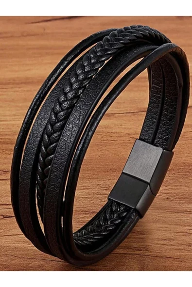 Erkek Hakiki Deri Bileklik Siyah Manyetik Toka Örgülü Bileklik