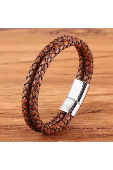 Erkek Deri Bileklik Paslanmaz Çelik Metal Gümüş Bilezik Kahverengi Erkek Takı Için Mıknatıs Toka - 2