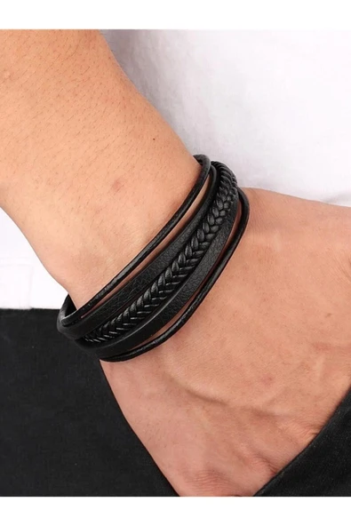 Erkek Hakiki Deri Bileklik Siyah Manyetik Toka Örgülü Bileklik - 2