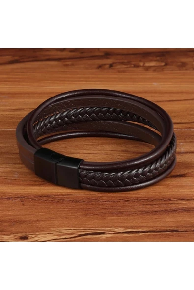 Erkek Deri Bileklik Siyah Manyetik Toka Örgülü Bileklik - 4