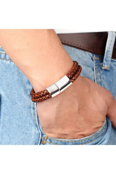 Erkek Deri Bileklik Paslanmaz Çelik Metal Gümüş Bilezik Kahverengi Erkek Takı Için Mıknatıs Toka