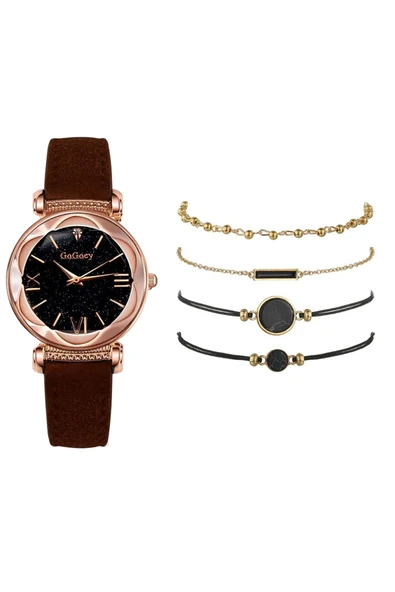 Kadın Kol Saati  Set Saat Pembe Renk + 4 Adet Bileklik - Resim 2