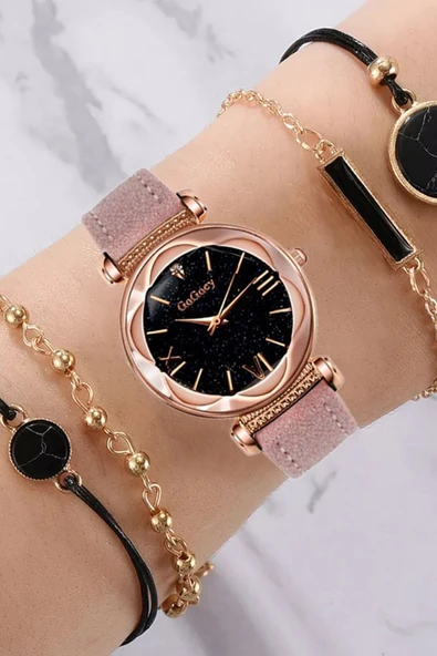 Kadın Kol Saati Lüks Moda Şık Trend Set Saat Pembe Renk + 4 Adet Bileklik ürün görseli 1