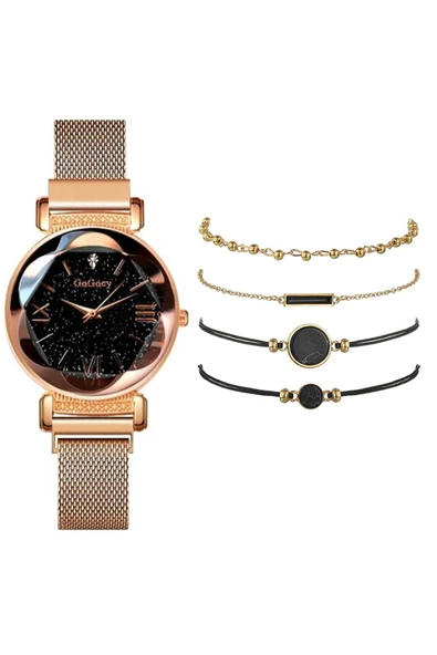 Kadın Kol Saati Lüks Moda Şık Trend Set Saat Rose Gold Renk + 4 Adet Bileklik ürün görseli 1