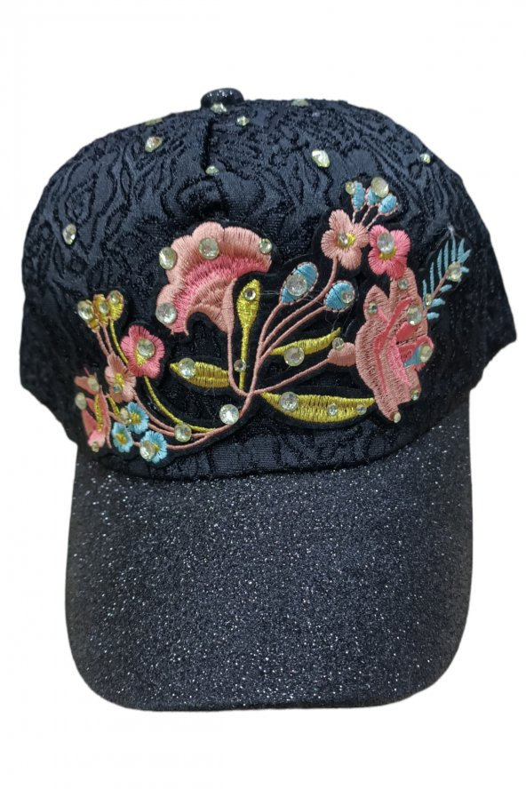 Bayan Çiçek Desenli Simli Şapka