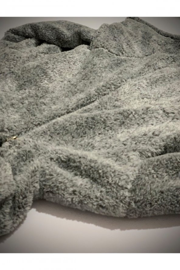 Kadın Gri Renk Tam Fermuarlı Kapüşonlu Cepli Peluş Polar - 2