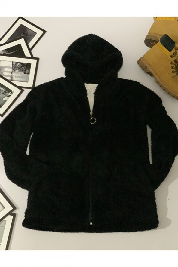 Kadın Gri Renk Tam Fermuarlı Kapüşonlu Cepli Peluş Polar - 4