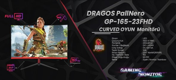 Dragos PallNero GP-165-236FHD 1ms 165Hz Hdmi Dp 1920x1080 23.6" Monitör(Curved-R3000)Multimedia Hoparlör - 5