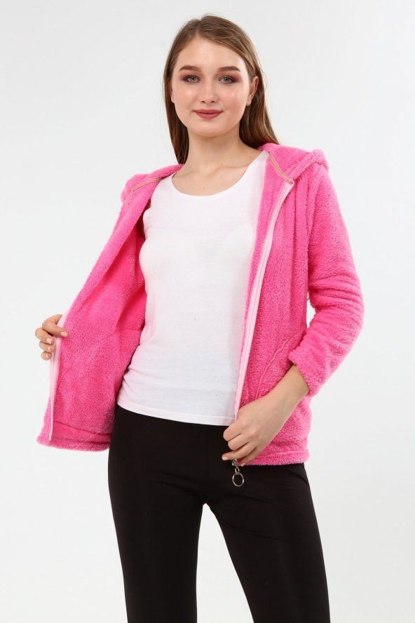 Peluş Kapüşonlu Mont - Pembe - 3