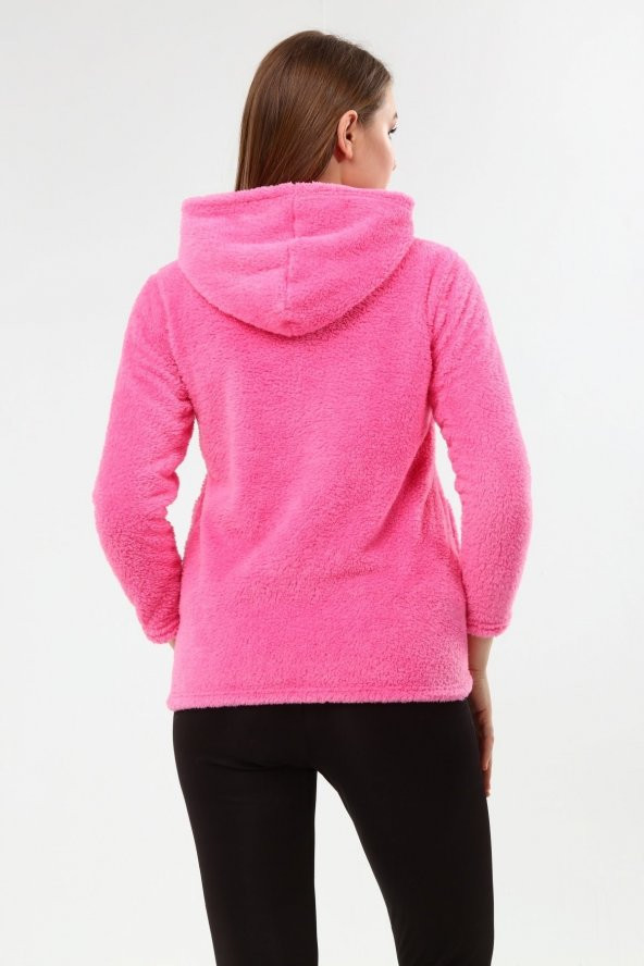 Peluş Kapüşonlu Mont - Pembe - 6
