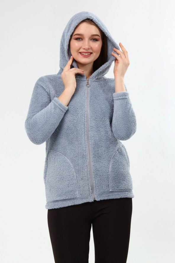 Peluş Kapüşonlu Mont - Pembe - 7
