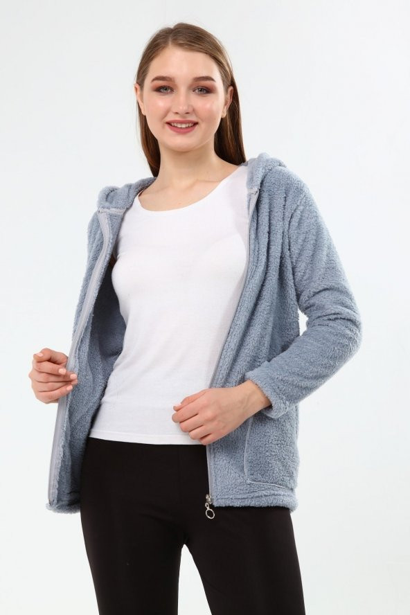 Peluş Kapüşonlu Mont - Pembe - 9