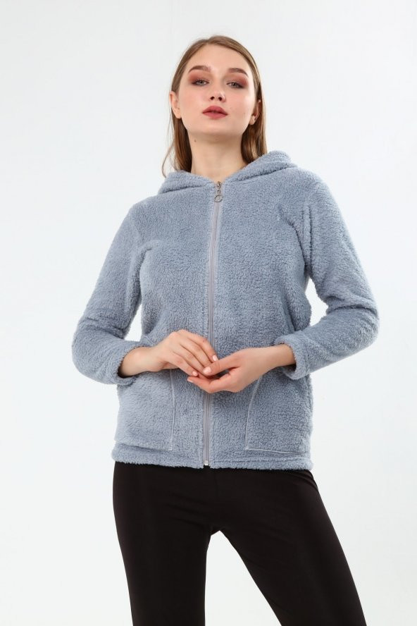 Peluş Kapüşonlu Mont - Pembe - 11