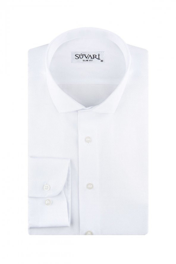 Erkek Slim Fit Armür Desenli Beyaz Gömlek