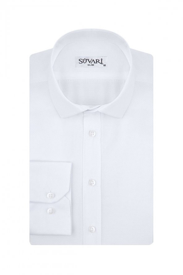 Slim Fit Armür Desenli Beyaz Erkek Gömlek